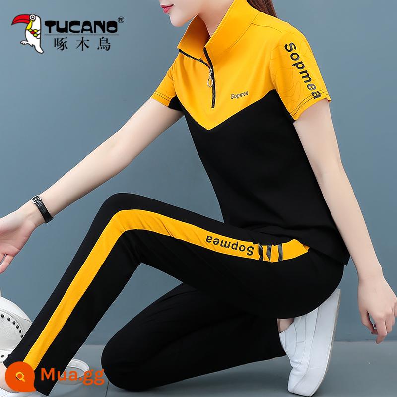 Bộ đồ thường ngày cotton nguyên chất của chim gõ kiến ​​dành cho nữ 2023 mới dành cho tuổi trung niên mỏng cổ đứng cổ ngắn bộ đồ thể thao hai mảnh - Màu vàng [giảm tuổi kiểu nước ngoài]