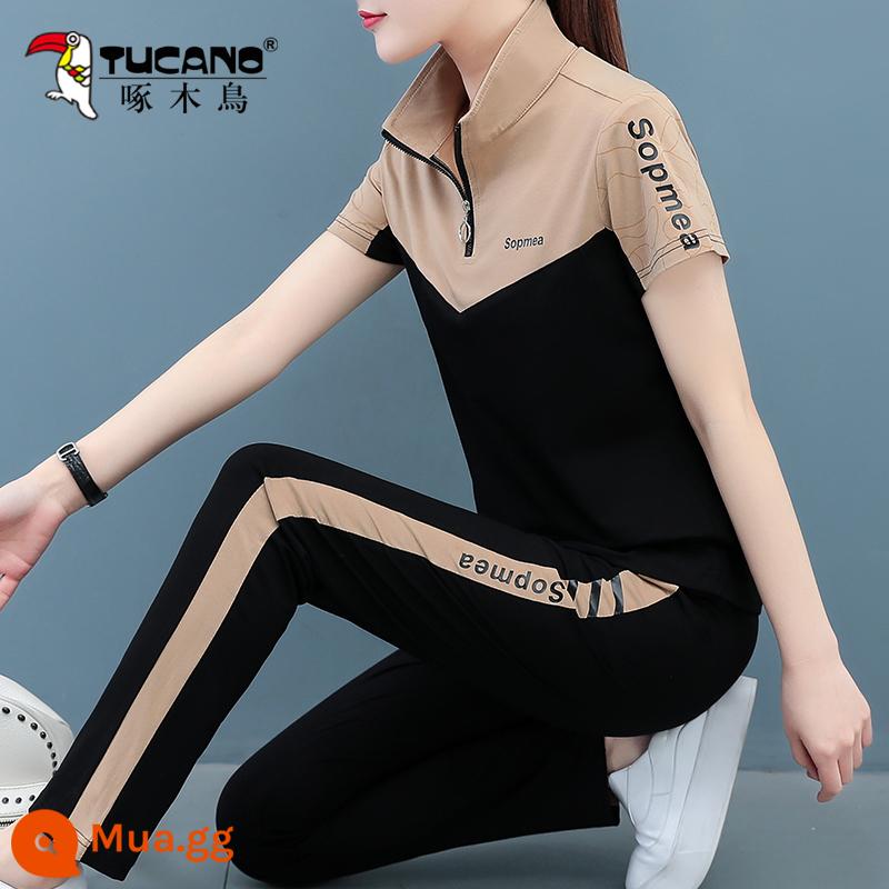 Bộ đồ thường ngày cotton nguyên chất của chim gõ kiến ​​dành cho nữ 2023 mới dành cho tuổi trung niên mỏng cổ đứng cổ ngắn bộ đồ thể thao hai mảnh - Khaki [thon gọn]