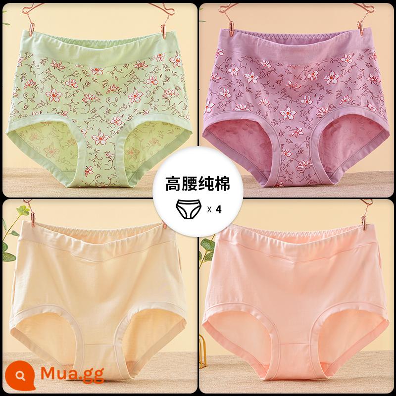 Quần lót của mẹ vải cotton nguyên chất lưng cao cỡ lớn đồ lót tam giác dành cho người trung niên và người già dành cho phụ nữ và người già quần short cotton rộng rãi - [4 món] In xanh nhạt + in tím nhạt + màu da thuần + mơ nguyên chất