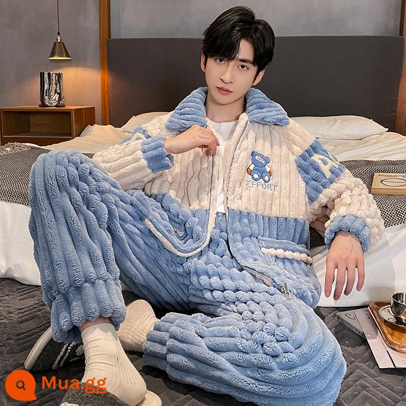 Coral Velvet Pyjamas Men's Winter Decvened cộng với Velvet Winter Warm Diamond Frank Velvet Mùa thu và mùa đông Bộ quần áo - （SD82238）