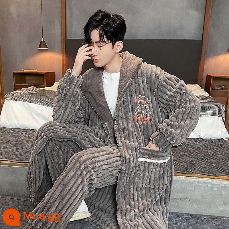 Pyjamas nam mùa thu và mùa đông san hô dày đặc cộng với giường nhung áo choàng áo choàng tắm đơn giản trang phục nhà - [áo choàng + quần ZDM9025]