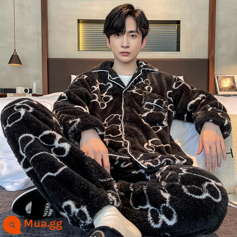 Coral Velvet Pyjamas Men's Winter Decvened cộng với Velvet Winter Warm Diamond Frank Velvet Mùa thu và mùa đông Bộ quần áo - （XHC88191）