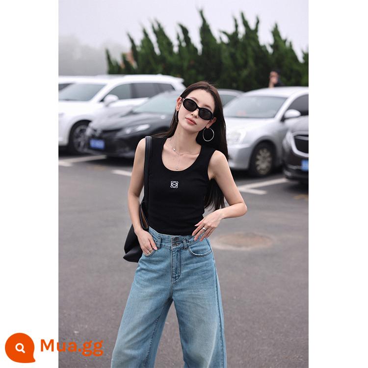 Zhang Beibei ibell100 cotton màu tương phản thêu áo vest nữ dài và ngắn cổ chữ U phù hợp với tất cả các trận đấu giảm béo thích hợp không tay - phiên bản dài màu đen