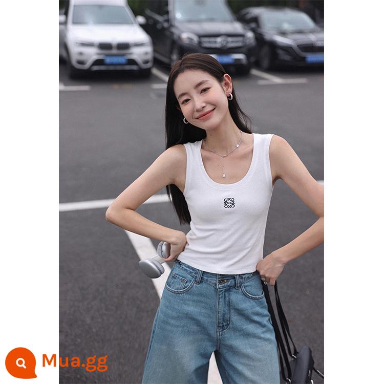 Zhang Beibei ibell100 cotton màu tương phản thêu áo vest nữ dài và ngắn cổ chữ U phù hợp với tất cả các trận đấu giảm béo thích hợp không tay - phiên bản dài màu trắng