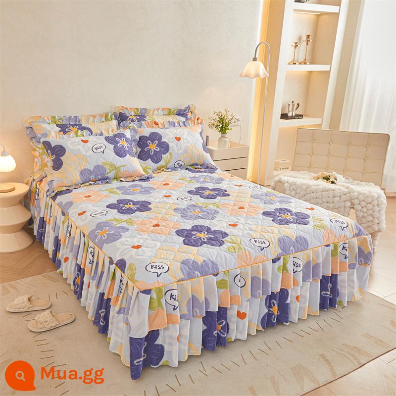 Váy chần bông, ga trải giường cotton nguyên chất, ga trải giường cotton Simmons chống bụi, ga đơn chống trượt 1.5m1.8m 4 - T tím đậm và nhạt T tình yêu đặt biển hoa