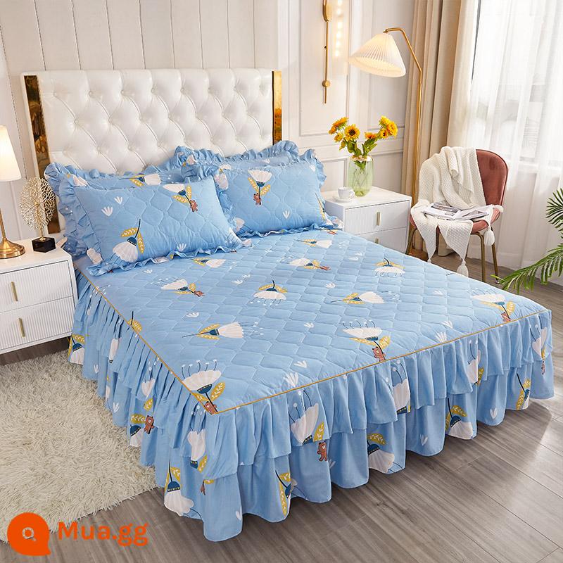 Váy chần bông, ga trải giường cotton nguyên chất, ga trải giường cotton Simmons chống bụi, ga đơn chống trượt 1.5m1.8m 4 - Dark Sky Blue T Happy Life Orchid