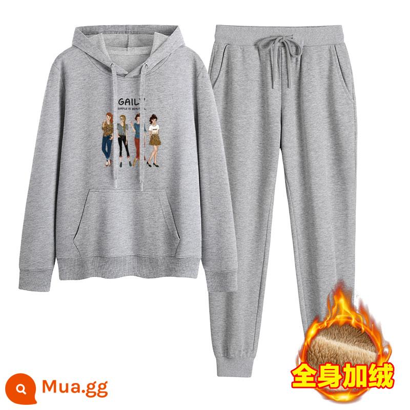 2023 mới mùa thu đông Plus nhung dày hoạt hình hoodie quần 2 Hàn Quốc thể thao giản dị phù hợp với triều - Xám + xám nhạt (cộng với nhung)