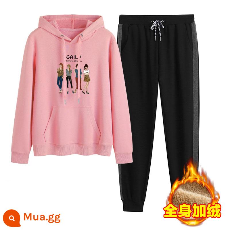 2023 mới mùa thu đông Plus nhung dày hoạt hình hoodie quần 2 Hàn Quốc thể thao giản dị phù hợp với triều - Viền hồng + xám (cộng với nhung)