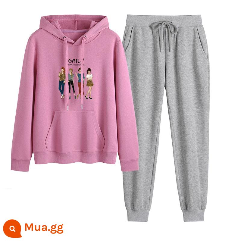 2023 mới mùa thu đông Plus nhung dày hoạt hình hoodie quần 2 Hàn Quốc thể thao giản dị phù hợp với triều - Hồng tím + xám nhạt (không nhung)