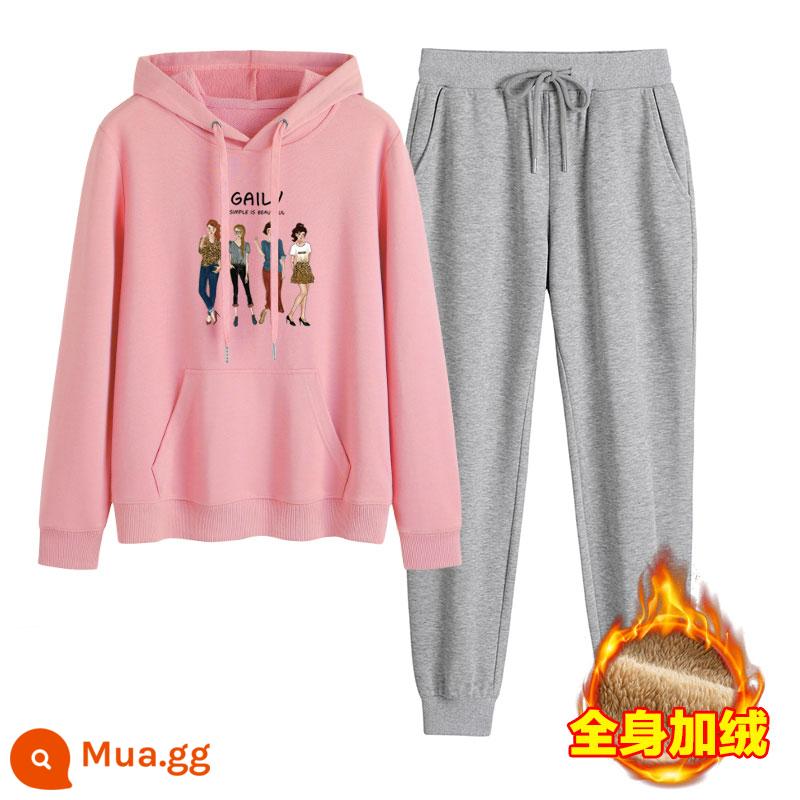 2023 mới mùa thu đông Plus nhung dày hoạt hình hoodie quần 2 Hàn Quốc thể thao giản dị phù hợp với triều - Hồng + xám nhạt (cộng với nhung)