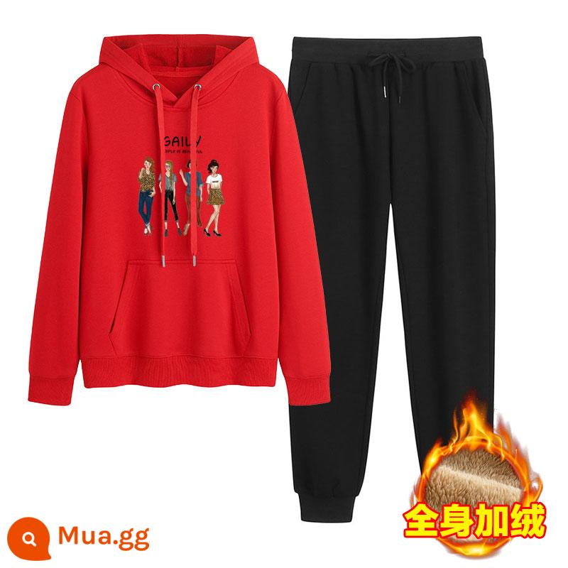 2023 mới mùa thu đông Plus nhung dày hoạt hình hoodie quần 2 Hàn Quốc thể thao giản dị phù hợp với triều - Đỏ + đen (cộng với nhung)