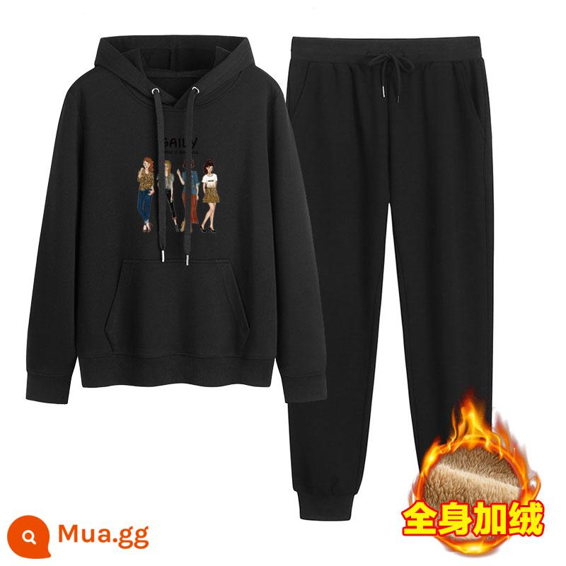 2023 mới mùa thu đông Plus nhung dày hoạt hình hoodie quần 2 Hàn Quốc thể thao giản dị phù hợp với triều - Đen + đen (cộng với nhung)