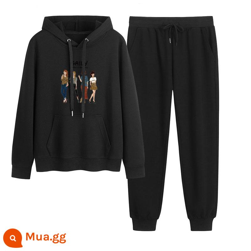 2023 mới mùa thu đông Plus nhung dày hoạt hình hoodie quần 2 Hàn Quốc thể thao giản dị phù hợp với triều - Đen + đen (không có nhung)