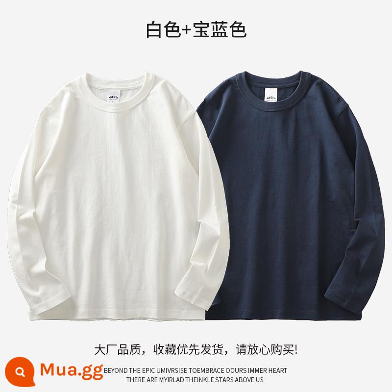 Áo thun dài tay nặng 320g phong cách Mỹ, áo sơ mi nam mùa thu dáng rộng dày đáy đục màu trơn cotton nguyên chất cổ tròn cotton dày T - trắng + xanh hoàng gia