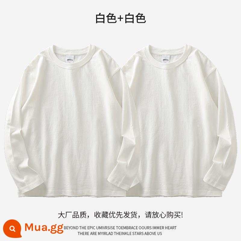 Áo thun nam cotton dày 320g DUKEEN dài tay mùa xuân thu Mỹ cổ tròn dày cotton T màu trơn màu trắng đáy áo sơ mi cho nam - trắng + trắng