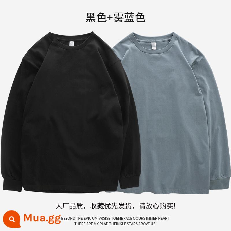 Áo thun nam dài tay nặng 280g kiểu Mỹ DUKEEN mùa xuân thu cotton nguyên chất màu trắng đáy áo sơ mi cổ tròn cotton dày Áo thun nam - đen + xanh sương mù