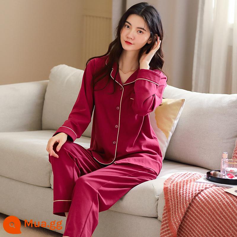 Bộ đồ ngủ nữ màu đen mùa xuân và mùa thu cotton nguyên chất 2022 bộ đồ mùa thu và mùa đông mới cộng với kích thước dài tay cotton phục vụ tại nhà phù hợp với - 209214 tím đỏ