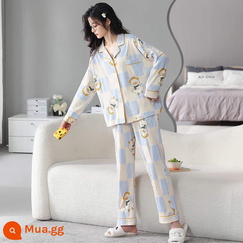 Bộ đồ ngủ nữ màu đen mùa xuân và mùa thu cotton nguyên chất 2022 bộ đồ mùa thu và mùa đông mới cộng với kích thước dài tay cotton phục vụ tại nhà phù hợp với - JW41724A