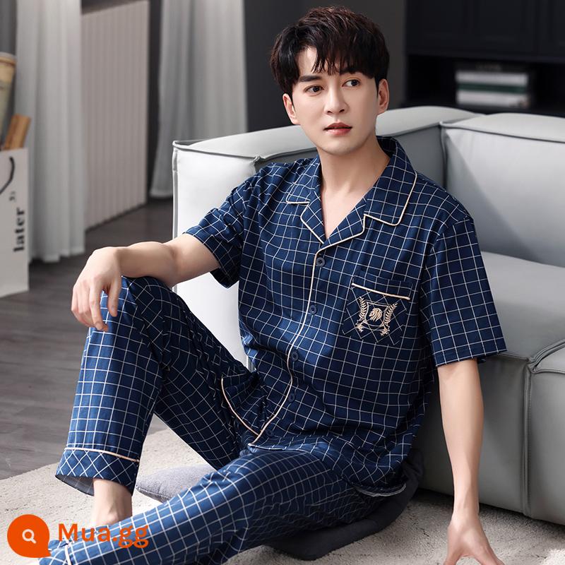 Bộ đồ ngủ nam cotton mùa hè quần ngắn tay nam cotton mỏng phần mùa hè cỡ lớn nửa tay nam phục vụ tại nhà phù hợp với - 21001 màu xanh đậm