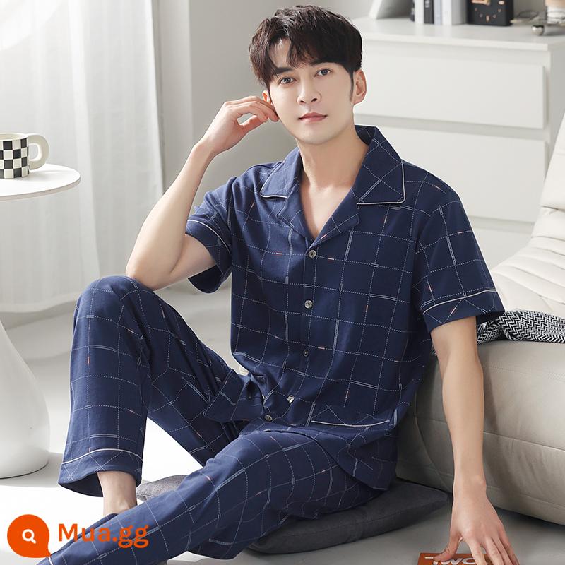 Bộ đồ ngủ nam cotton mùa hè quần ngắn tay nam cotton mỏng phần mùa hè cỡ lớn nửa tay nam phục vụ tại nhà phù hợp với - 8005 Tây Tạng Xanh