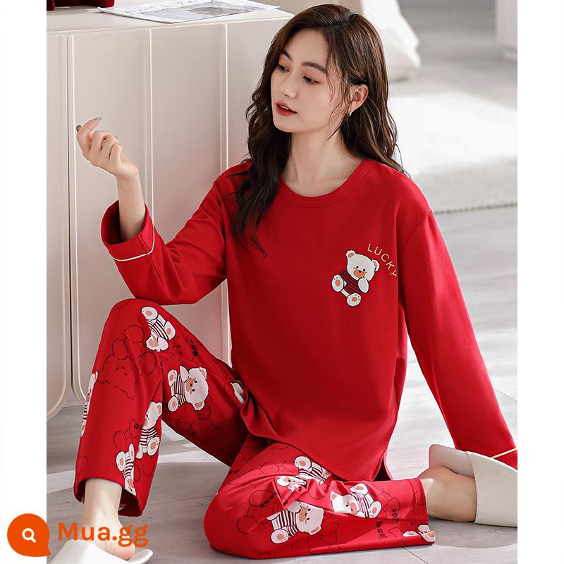 Bộ đồ ngủ nữ xuân thu dài tay cotton nguyên chất 2022 màu đỏ mới cưới năm sinh thu đông cotton mỏng mặc nhà - 18006 màu đỏ