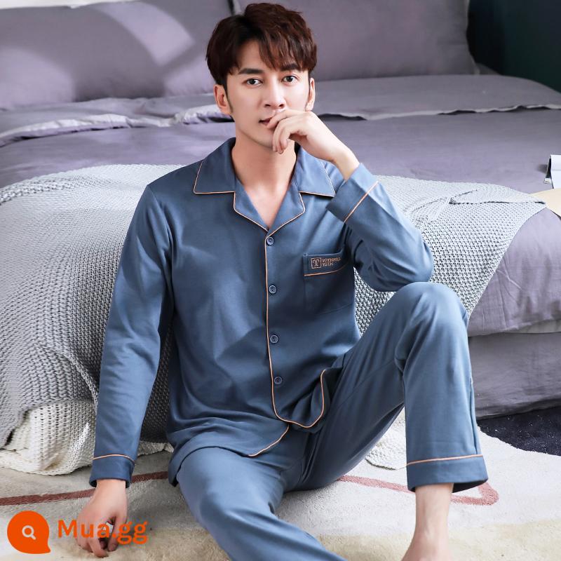 Bộ đồ ngủ nam mùa xuân và mùa thu dài tay cotton nguyên chất mùa thu 2022 bộ quần áo mặc nhà mùa thu nam mỏng mùa thu đông mới - 2090 màu xanh sương mù