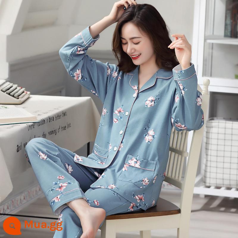 Bộ đồ ngủ nữ xuân thu dài tay cotton nguyên chất mẹ trung niên cotton thu đông nữ thu đông cỡ lớn phù hợp với dịch vụ tại nhà - 8207 sương mù màu xanh