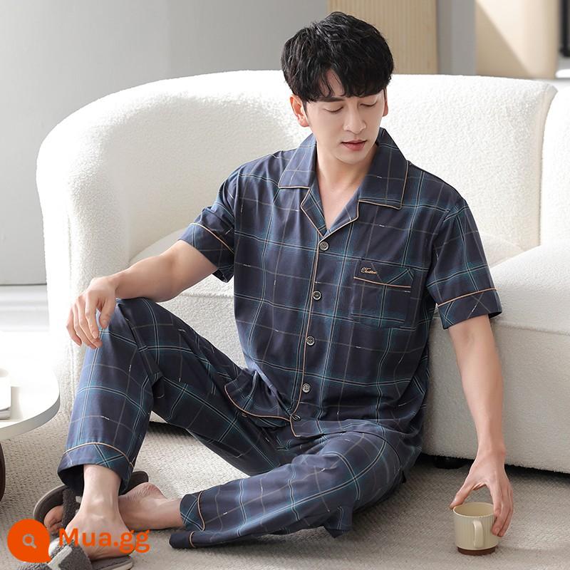 Bộ đồ ngủ nam cotton mùa hè quần ngắn tay nam cotton mỏng phần mùa hè cỡ lớn nửa tay nam phục vụ tại nhà phù hợp với - 8704 xanh xám