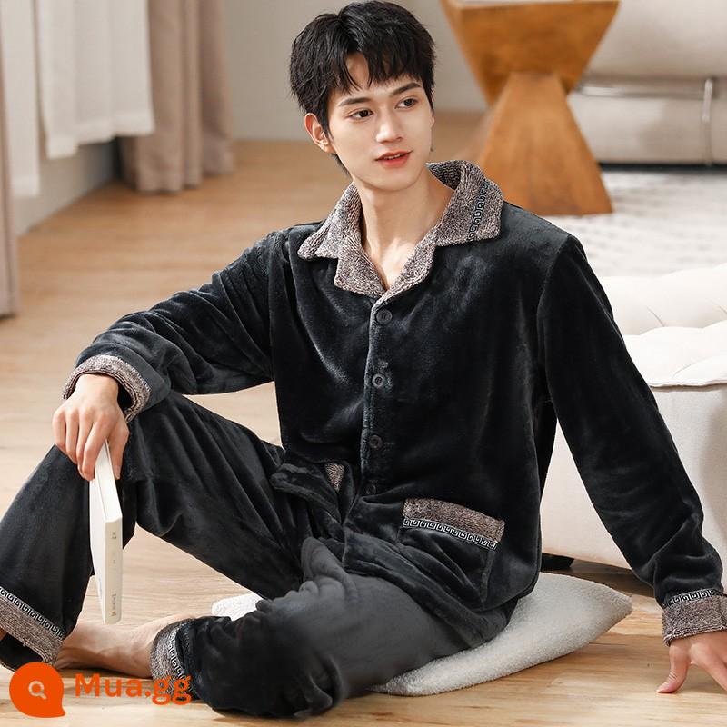 Bộ đồ ngủ nam mùa đông san hô nỉ dày cộng với nhung nam thu đông flannel nam size lớn thường mùa đông mặc nhà - 96076 màu xám