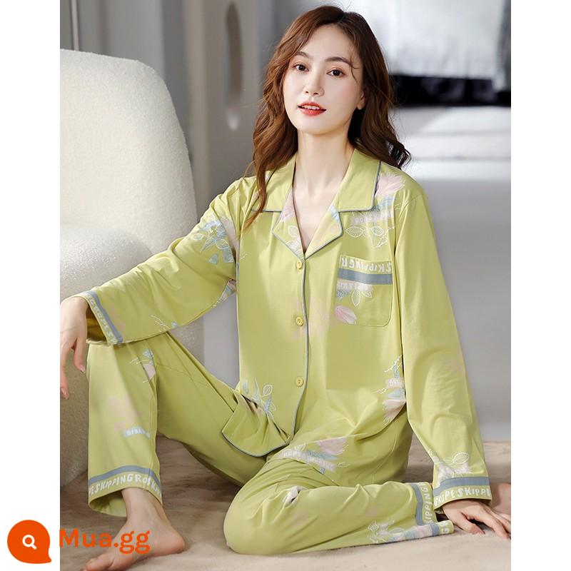 Bộ đồ ngủ nữ xuân thu dài tay cotton nguyên chất mẹ trung niên cotton thu đông nữ thu đông cỡ lớn phù hợp với dịch vụ tại nhà - 23025 lúa mì xanh