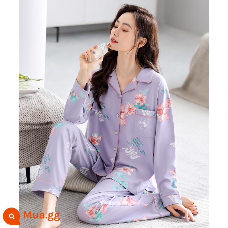 Bộ đồ ngủ nữ xuân thu dài tay cotton nguyên chất mẹ trung niên cotton thu đông nữ thu đông cỡ lớn phù hợp với dịch vụ tại nhà - 81067 khoai môn tím