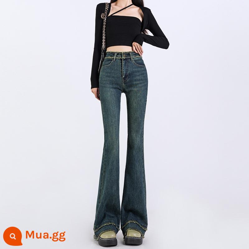 Quần Jean Ống Loe Retro Mùa Xuân 2023 Cao Cấp Giảm Béo Đám Đông Nhỏ Thiết Kế Cảm Giác Slim-Fit Viền Lông Loe Quần Nữ - Màu xanh cổ điển kéo dài