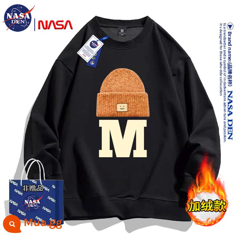 NASA đồng thương hiệu Mỹ hạng nặng mùa đông dài tay cotton dày T thương hiệu hợp thời trang dành cho nữ, dáng rộng cổ tròn cộng với áo sơ mi dày nhung dành cho cặp đôi - Đen (cộng với nhung)