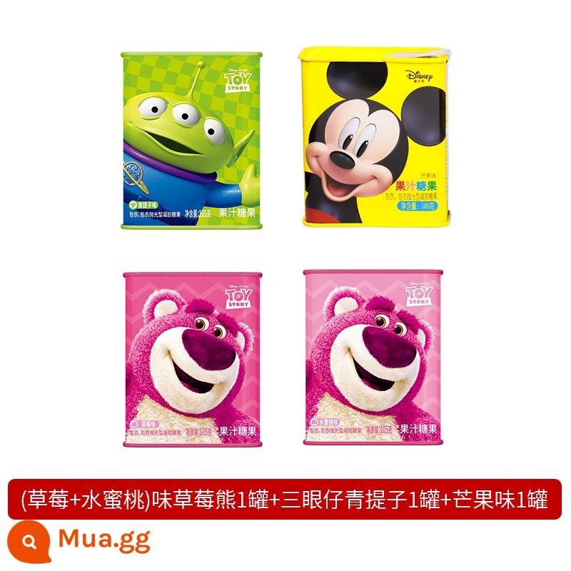 Nước trái cây Disney Hộp quà tặng kẹo mềm Tin Can Fruit QQ Sugar Festival Quà tặng Đồ ăn nhẹ cho trẻ em Disney Kẹo - [(Dâu+Đào)Hương gấu dâu+Nho khô xanh Sananyzai+Xoài]*1 lon