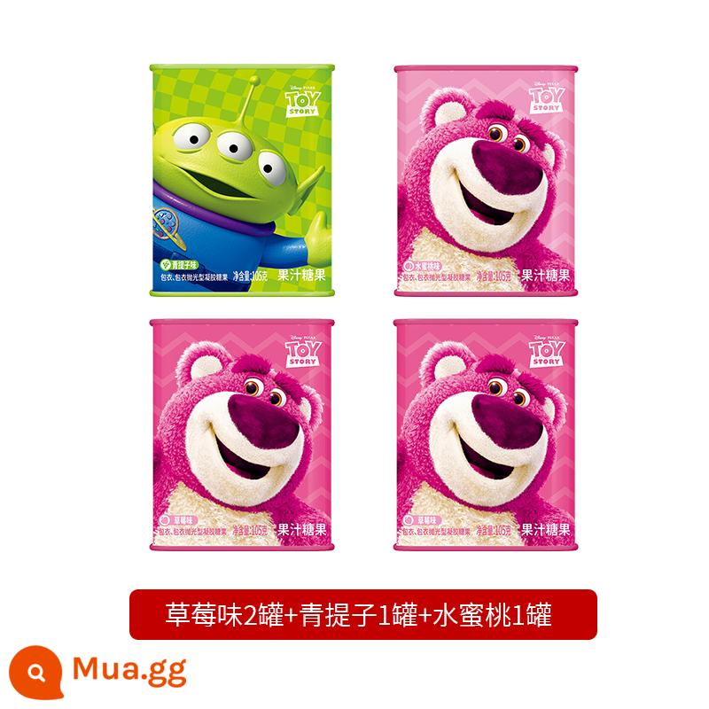 Nước trái cây Disney Hộp quà tặng kẹo mềm Tin Can Fruit QQ Sugar Festival Quà tặng Đồ ăn nhẹ cho trẻ em Disney Kẹo - 2 lon dâu tây Strawberry Bear + 1 lon nho xanh Sanyanzai + 1 lon đào Strawberry Bear