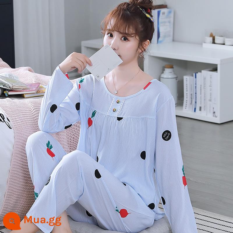 Bộ đồ ngủ cotton lụa mùa xuân và mùa thu mới 2023 cho nữ mùa hè mỏng cotton lụa mùa hè bộ quần áo mặc ở nhà điều hòa không khí - HGC-Dài tay cổ tròn Cổ tròn màu xanh cà rốt-Nữ