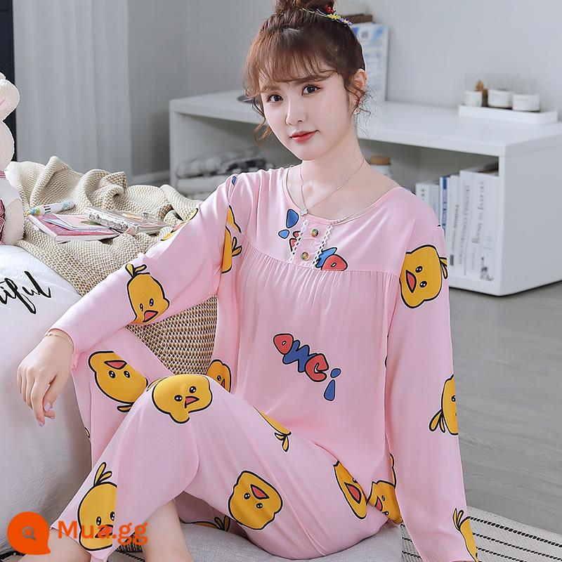 Bộ đồ ngủ cotton lụa mùa xuân và mùa thu mới 2023 cho nữ mùa hè mỏng cotton lụa mùa hè bộ quần áo mặc ở nhà điều hòa không khí - HGC-Đế nền cổ tròn dài tay Vịt vàng lớn-Nữ