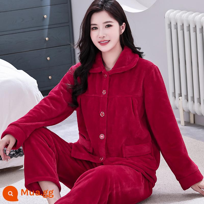 Bộ đồ ngủ lông cừu san hô mùa xuân và mùa thu của phụ nữ mùa thu và mùa đông dày flannel cộng với nhung phù hợp với dịch vụ gia đình mới 2022 kích thước lớn - Áo cardigan nữ W 601-đỏ đậm