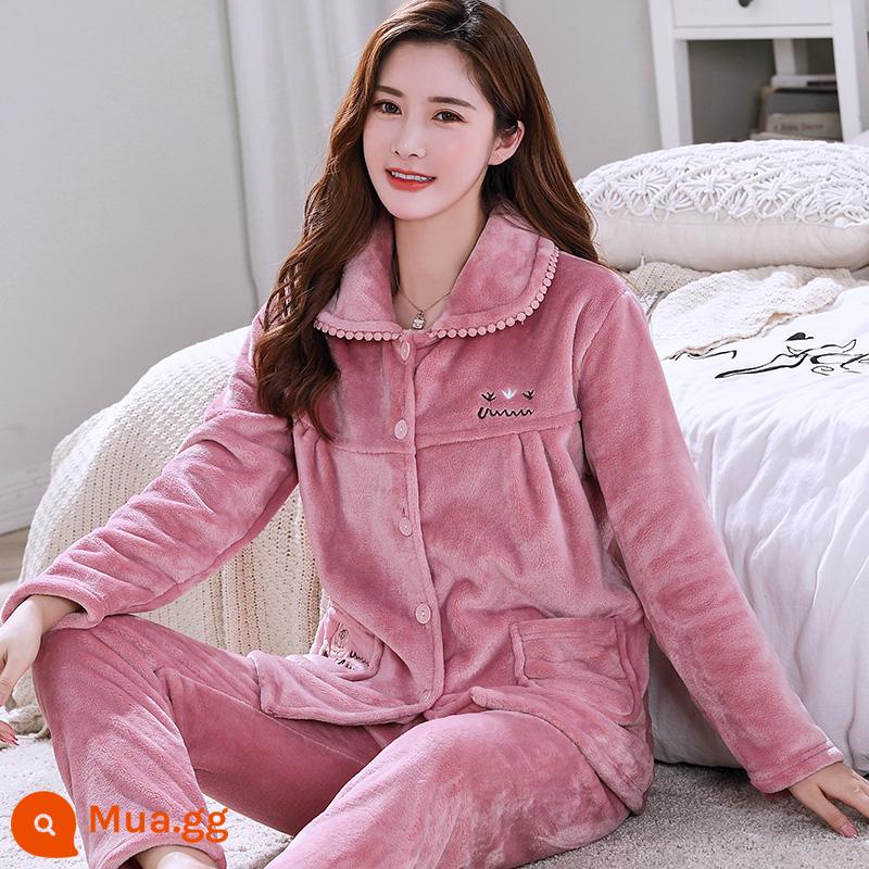 Bộ đồ ngủ lông cừu san hô mùa xuân và mùa thu của phụ nữ mùa thu và mùa đông dày flannel cộng với nhung phù hợp với dịch vụ gia đình mới 2022 kích thước lớn - 608-Túi Hoa Hồng