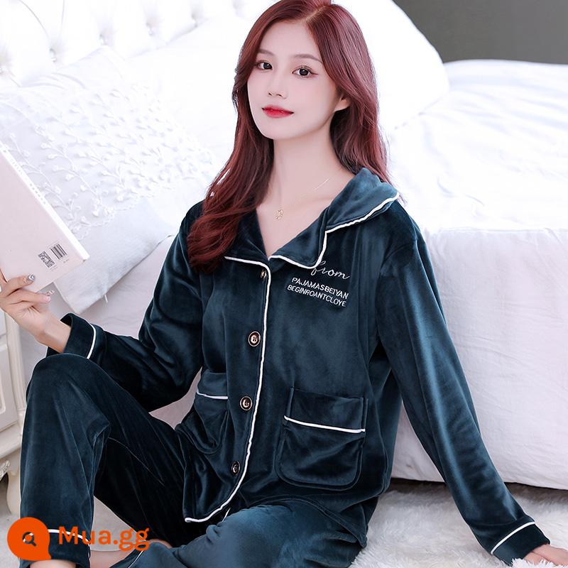 Bộ đồ ngủ lông cừu san hô mùa xuân và mùa thu của phụ nữ mùa thu và mùa đông dày flannel cộng với nhung phù hợp với dịch vụ gia đình mới 2022 kích thước lớn - W Island Velvet - Áo len ba hàng chữ Xám xanh - Nữ