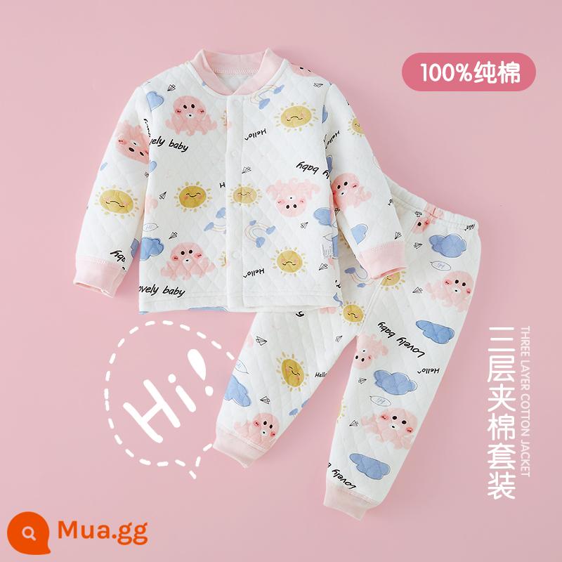 Bộ đồ mặc quần áo ấm của em bé, quần áo cotton, quần áo cotton trẻ em - bạch tuộc hồng