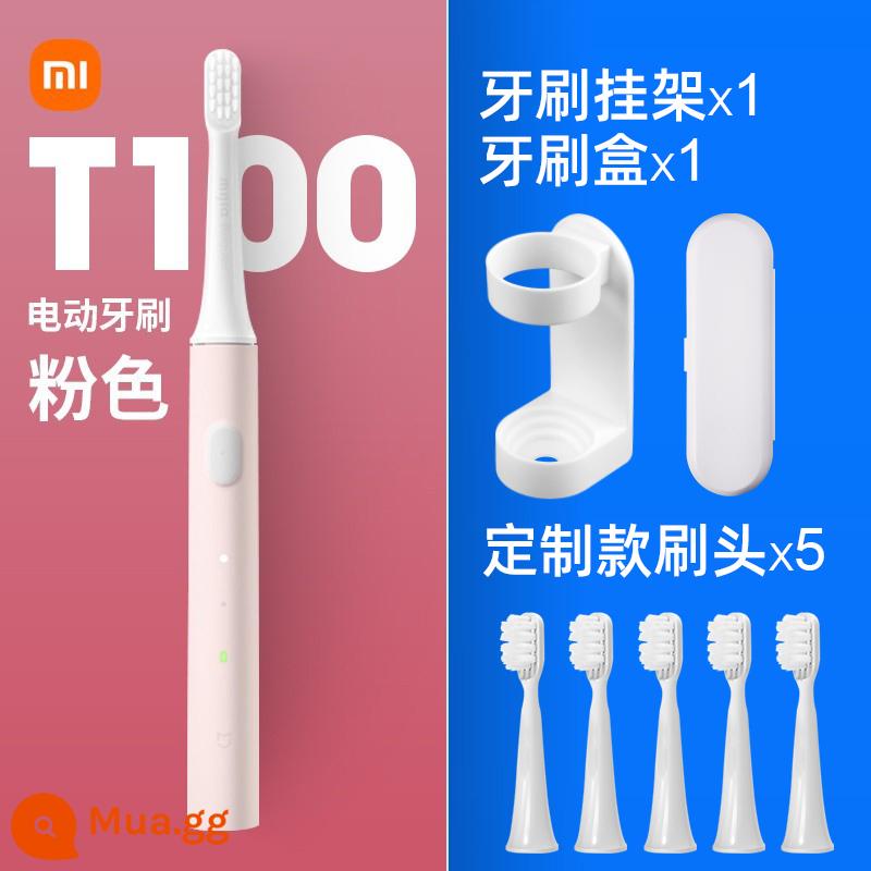 Bàn chải đánh răng điện Xiaomi T100 Bàn chải đánh răng trẻ em có thể sạc lại Mijia bàn chải mềm dành cho người lớn cặp đôi sinh viên tiệc bé trai và bé gái - [Giá cực tốt] Màu hồng + 5 đầu cọ tùy chỉnh + móc treo + hộp cọ