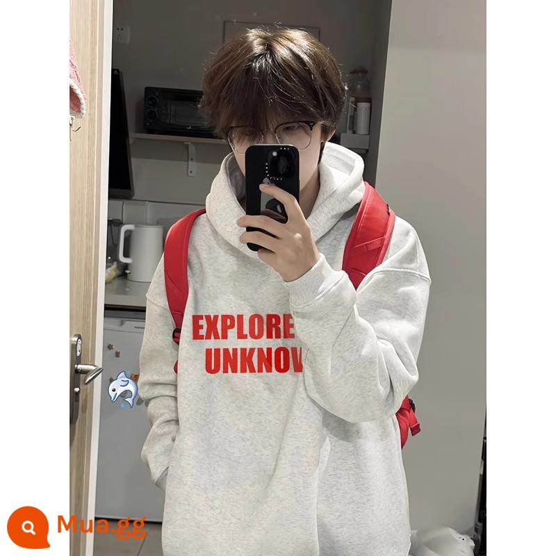 Áo len nặng màu trắng và xám của Mỹ nam mùa thu đông thương hiệu hợp thời trang 2024 áo hoodie chui đầu mới áo khoác nhung cao cấp - Trắng và xám, không đóng cửa trong dịp Tết Nguyên Đán, giao hàng bình thường