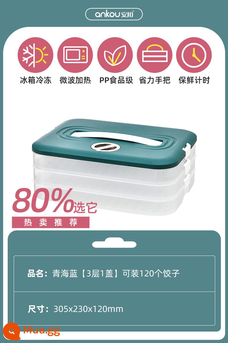 Ankou hoành thánh hộp bảo quản tủ lạnh bánh bao tủ đông tủ đông bánh bao hộp đặc biệt bánh bao hộp giữ tươi - Qinghai Blue [3 lớp và 1 nắp] có thể đựng được 120 chiếc bánh bao mà không bị dính đáy