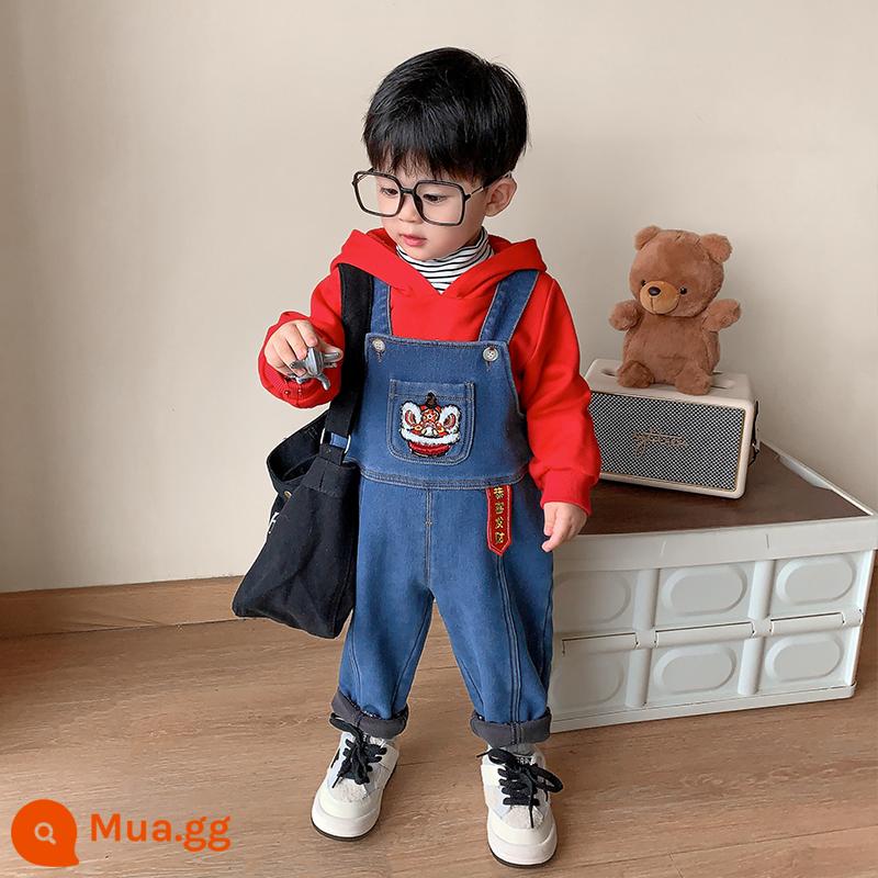 Mẹ của Chen Dazhu L bé trai cộng với quần nhung dày thêu Tết Nguyên Đán phong cách nước ngoài denim quần túi bé quần áo trẻ em - Đốm xanh denim