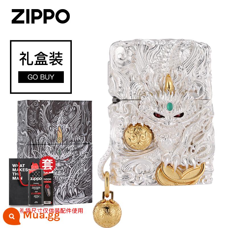 Bật lửa zippo chính hãng, cơ chế thông minh, tỳ hưu may mắn, bộ sưu tập chống gió nam chính hãng chính hãng, quà tặng - [Bộ] cơ chế thông minh Pixiu mạ bạc bao gồm giấy chứng nhận và mặt dây chuyền