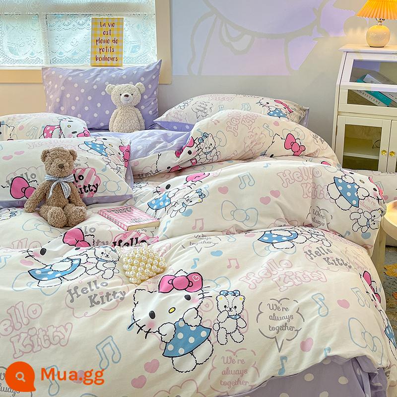 Dễ Thương Mèo HelloKitty Cotton Bộ 4 Cotton Nguyên Chất Hoạt Hình Cô Gái Trái Tim Giường Vỏ Chăn 3 Bộ - Chúc mừng kt