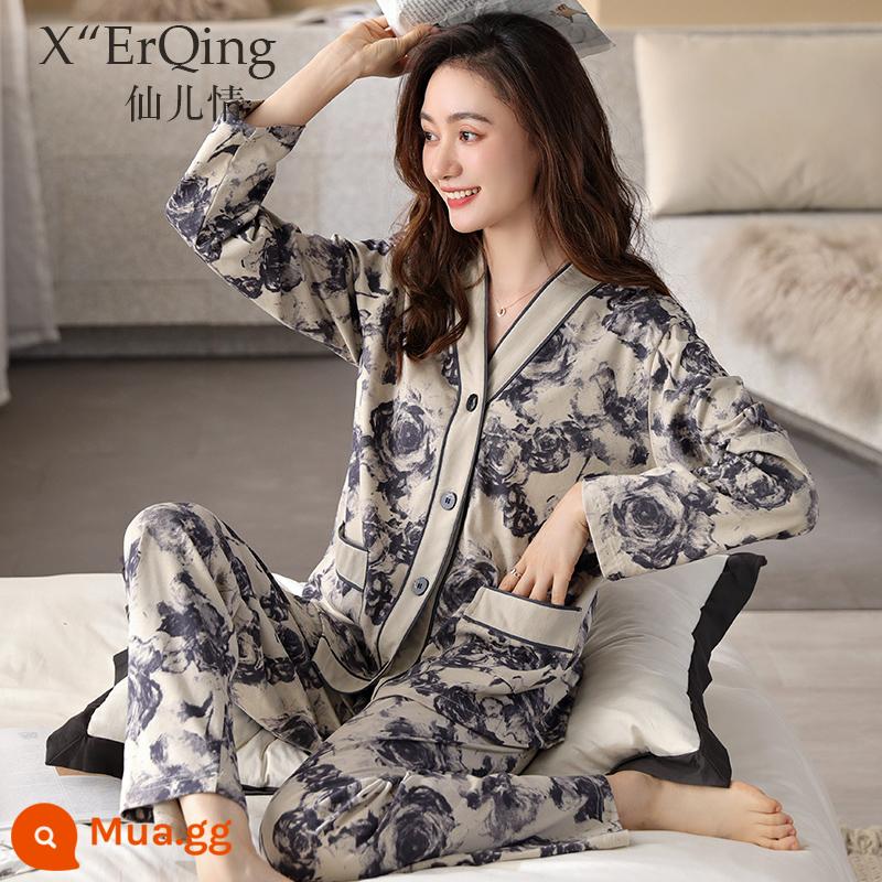 Bộ đồ ngủ nữ cotton nguyên chất dài tay mùa xuân và mùa thu đông áo len cỡ lớn rời mẹ trung niên phục vụ tại nhà mùa hè phù hợp với mỏng - C6615 Hoa mai xám