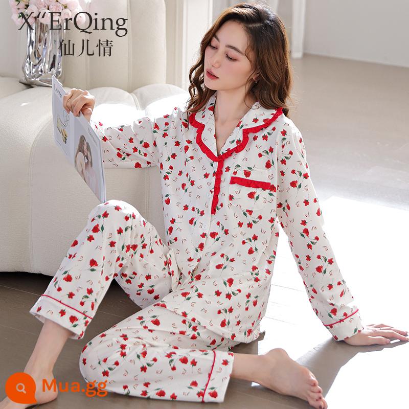 Bộ đồ ngủ nữ cotton nguyên chất dài tay mùa xuân và mùa thu đông áo len cỡ lớn rời mẹ trung niên phục vụ tại nhà mùa hè phù hợp với mỏng - C6791 Hoa đỏ tươi