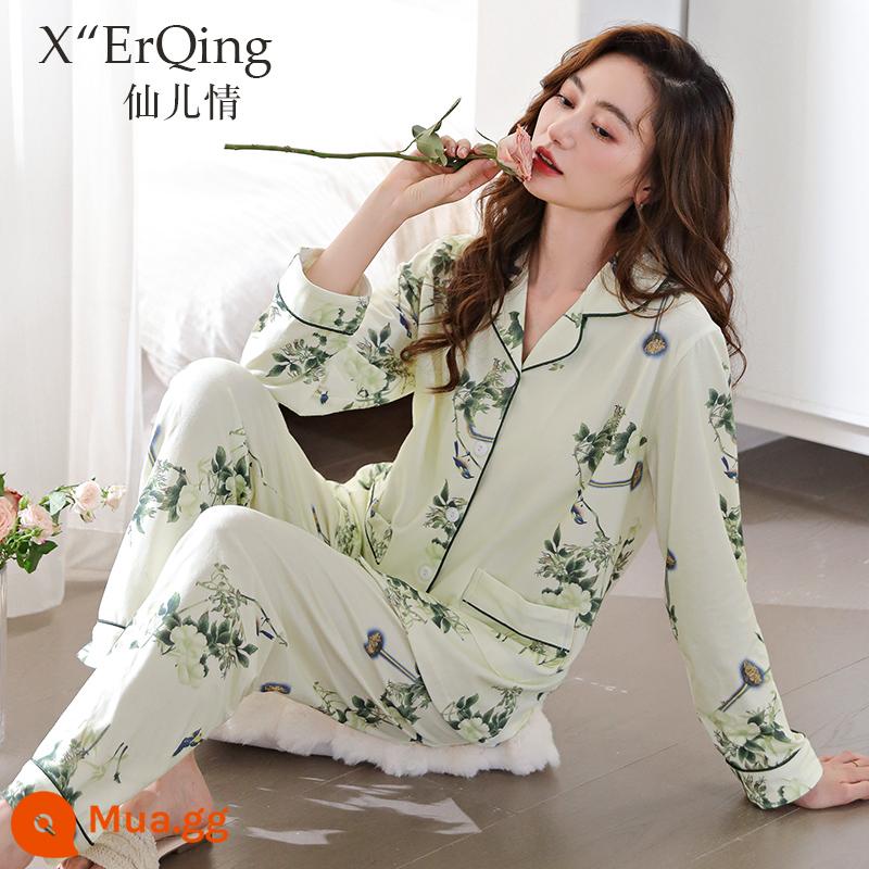 Bộ đồ ngủ nữ cotton nguyên chất dài tay mùa xuân và mùa thu đông áo len cỡ lớn rời mẹ trung niên phục vụ tại nhà mùa hè phù hợp với mỏng - C6792 Helv-Hoa